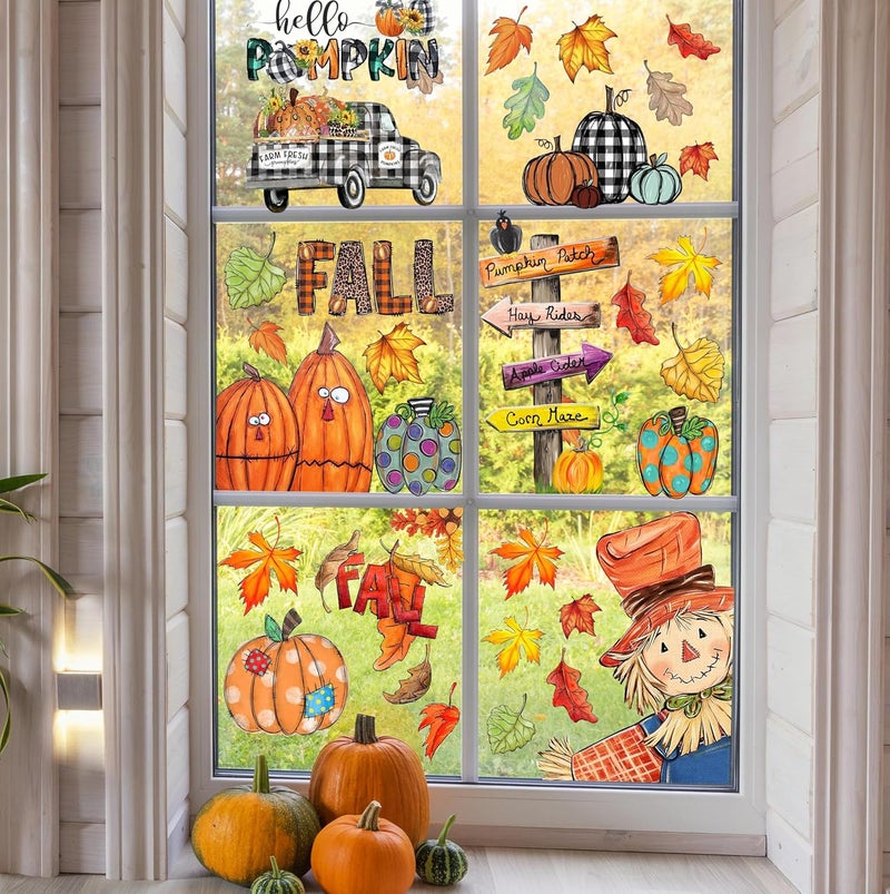 HRENCY Fall Window Clings Decorations for Glass Fall Watercolor Pumpkin Maple Leaves Scarecrow Truck Window Stickers for Autumn Thanksgiving Harvest Party Home Window Decals Decor - Image 3